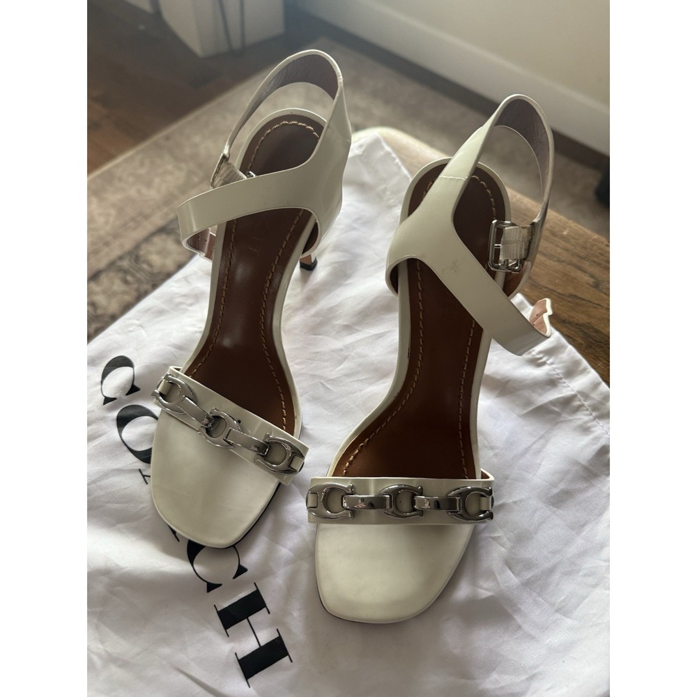 Coach Shoes Womens 6 Pumps White Patent Open Toe Heels Ankle Strap GUC - Picture 1 of 9